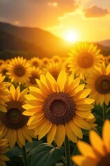 Obraz premium Vibrant sunflowers basking in the golden sunlight, their faces turned towards the radiant sun A breathtaking display of nature's beauty and the power of the sun , outdoor, yellow, sunny