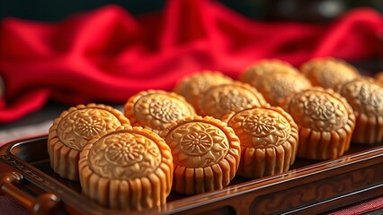 Delicate mooncakes on a lacquered tray with golden floral patterns and a soft red silk background.