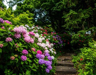 Fototapeta premium Lush garden path with hydrangeas