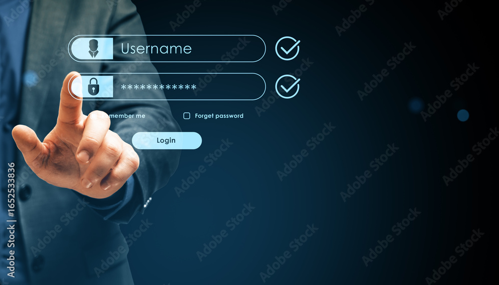 Poster businessman presses virtual login button on futuristic interface with username and password fields o