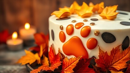 A vibrant animal paw print cake adorned with gold leaf, celebrating World Animal Day with warm autumn tones.