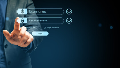 Businessman presses virtual login button on futuristic interface with username and password fields on dark tech background for secure access.