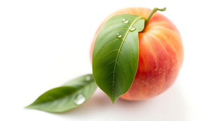 Juicy peach with fresh green leaf on white background, water droplets adding freshness.