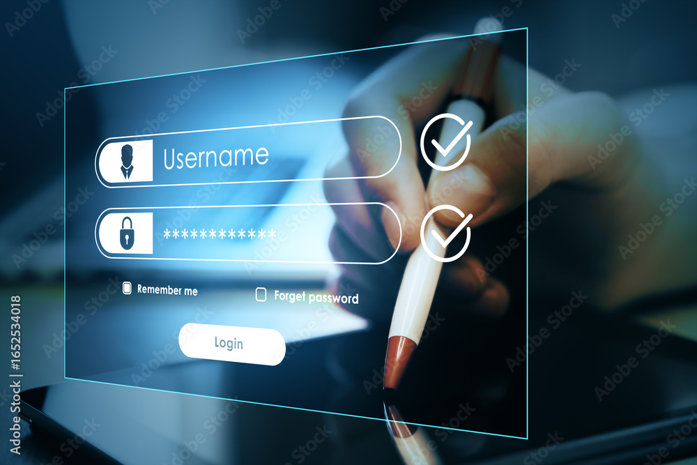 Poster login interface with username and password fields shown on transparent screen over a hand holding a 