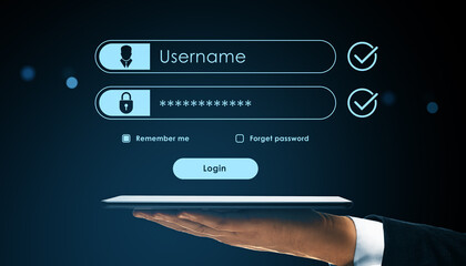 Login interface with username and password fields on digital screen above hand, showing secure access concept in modern technology design.