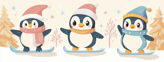 Fototapeta premium Cute penguins skiing together amid a fun winter snowy scene