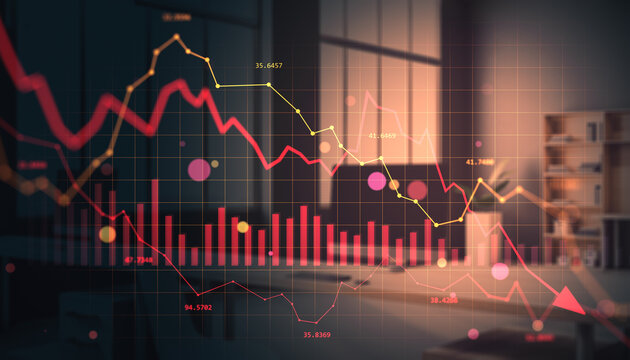 Financial market crash with red downward arrow and stock graph lines descending sharply over modern office background during global economic crisis.