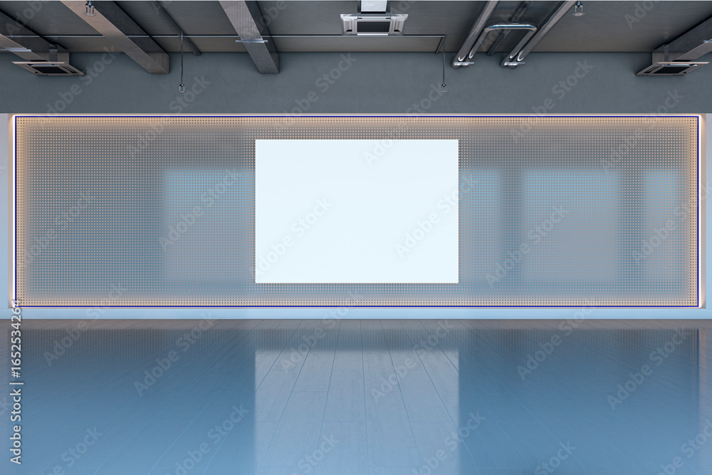 Poster empty modern corporate hallway with illuminated abstract wall and large blank vertical display frame