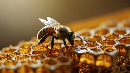 A bee on a golden honeycomb wave