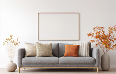 Blank horizontal frame for mockup. Grey sofa adorned with textured pillows in neutral hues. Beside the sofa, decorative vases of dried flowers and autumn decor.