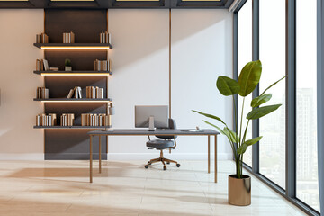 Modern minimalist office interior with computer desk, bookshelves, large windows, and potted plant...