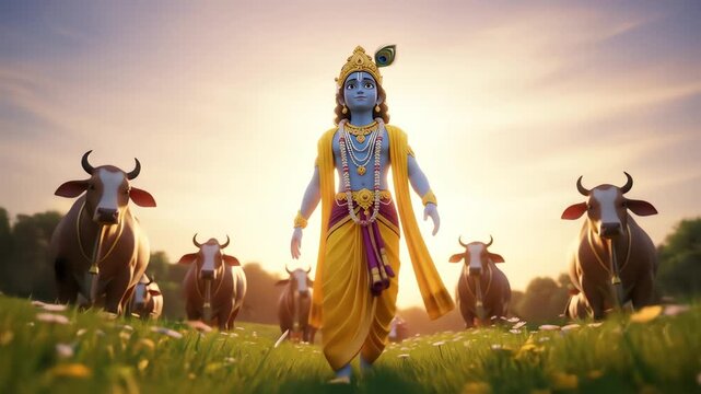 A cinematic and divine portrayal of little Krishna leading his sacred cows through a sun-drenched golden meadow at sunrise.