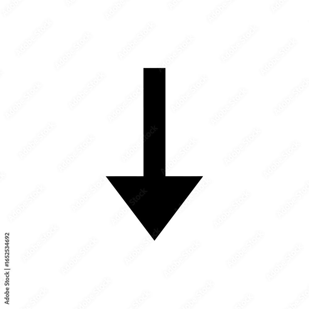 Poster a simple black arrow pointing downwards on a white background with a clear and minimalist design sty