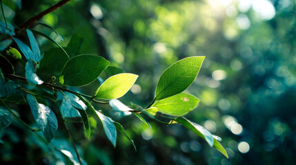 Obraz premium green nature bokeh with sunlight shining through leaves, natural background