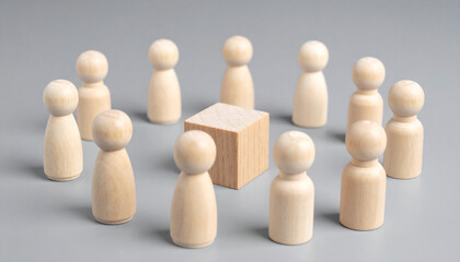Wooden figurines forming circle around central cube. Team, collaboration. Business, community focus