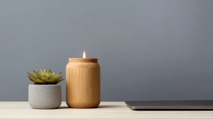 Minimalist Home Workspace with Wooden Candle and Small Plant for Interior Design Blogs, Furniture Promotions and Calm Environment Concepts.