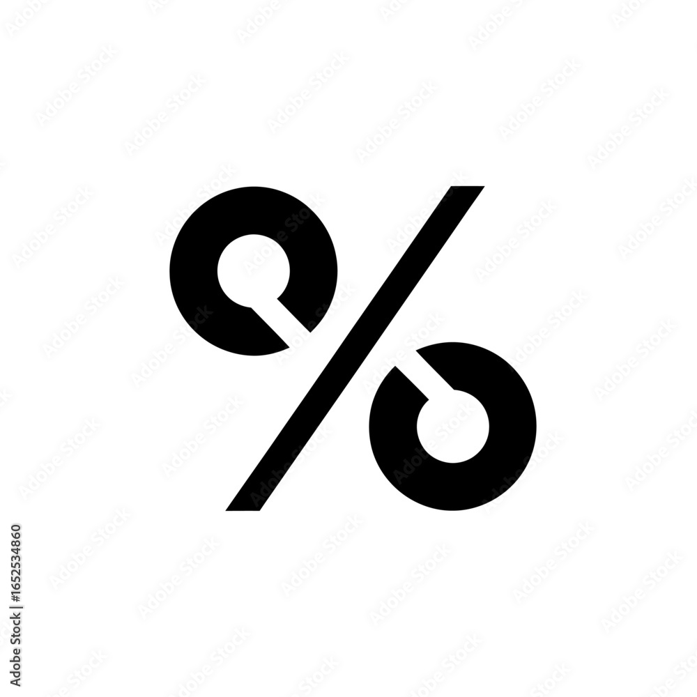 Poster a black percentage sign with circular elements and a diagonal line on a white background is shown