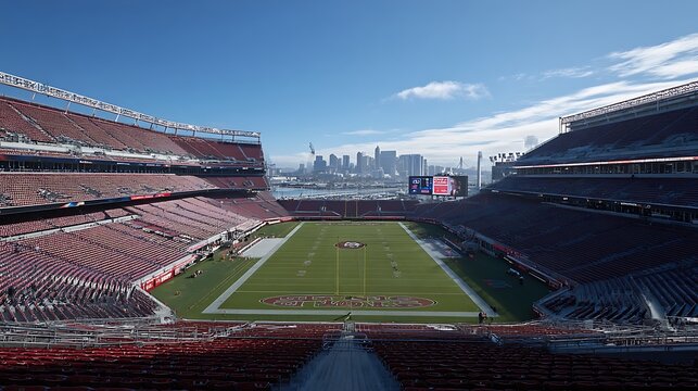 A sun-kissed day at Levi's Stadium, the grassy gridiron stretching to the San Francisco Bay, a cityscape unfolding in the distance. .