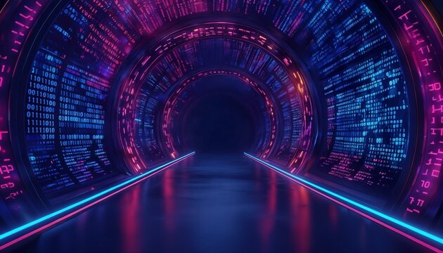 Futuristic Neon Tunnel With Vibrant Lights And Depth - Powered by Adobe