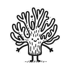 Whimsical cartoon coral with human features in monochrome sketch style, vector