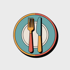 Flat design fork and knife on a plate with retro color palette cutlery dining