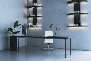 Modern minimalist corporate office interior with sleek desk, chair, computer, and shelves on concrete wall with ambient lighting concept. 3D Rendering