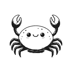Smiling cartoon crab with raised claws in monochrome sketch style, vector