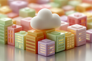Cloud City: A colorful miniature cityscape with building blocks, representing a concept of cloud computing, with a fluffy cloud hovering over the buildings, rendered in vibrant hues