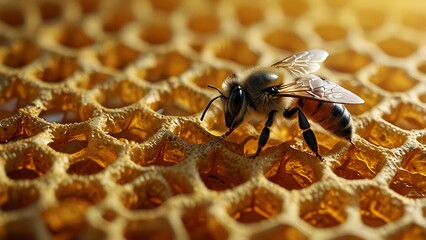A bee on a golden honeycomb wave