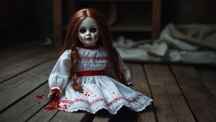 Creepy doll with blood stains on wooden floor
