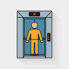Person in yellow jumpsuit inside a light blue elevator with control panel woman human