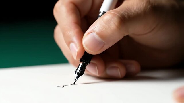 A close-up view of a hand precisely guiding a traditional fountain pen to write on a clean sheet of paper.