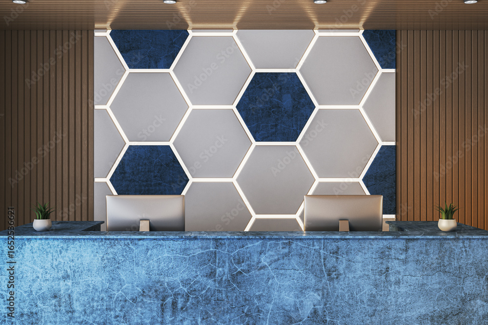Aufkleber modern luxury reception desk with geometric wall pattern in empty office lobby interior with desktop