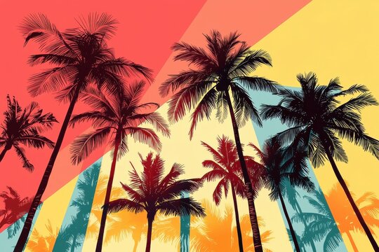 Colorful palm tree silhouettes with vibrant artistic abstract background