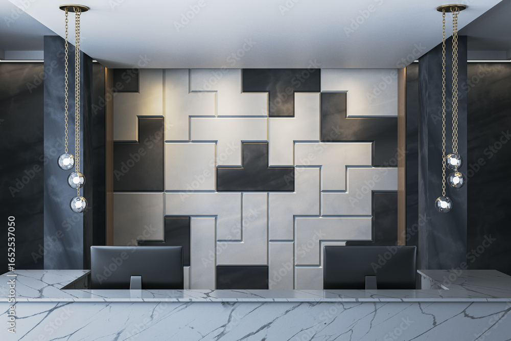 Poster modern reception desk with geometric wall design and marble counter in stylish dark and light interi