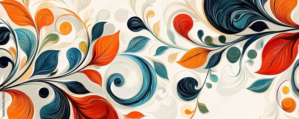 Poster abstract colorful swirls and leaf patterns in vibrant and dynamic forms