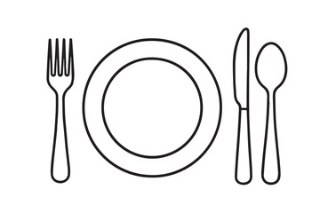 Vector illustration of a plate, fork, spoon, and knife in black and white style with bold black outline, symbolizing proper table manners design.