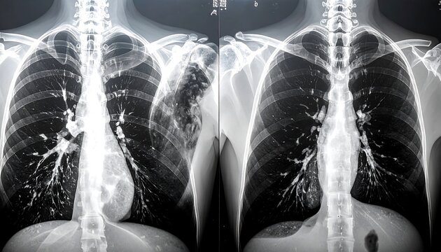 Two chest X-rays, side-by-side, showing abnormalities