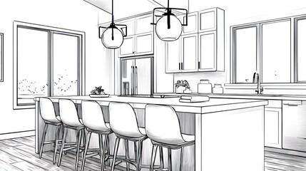 Kitchen sketch island, cabinets, pendant lights, counter stools, sink, windows