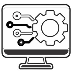 Computer Technology Icon – Monitor with Gear and Circuit Connections in Bold Black and White Vector