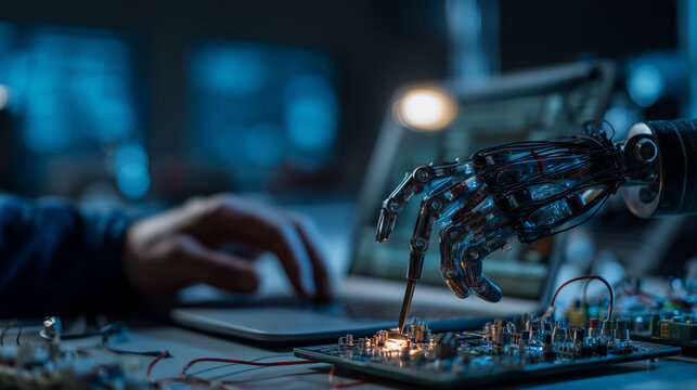 “A robotic hand is precisely soldering components on an electronic circuit board, while a human works on a laptop in the background, symbolizing advanced human-robot collaboration in a futuristic elec
