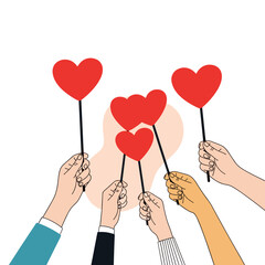 Diverse hands raising vibrant red hearts on sticks for love, unity, and connection celebration
