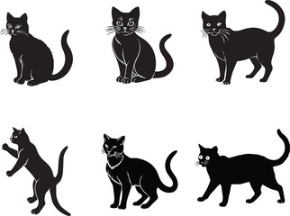 A set of cute cartoon cats, kittens, and black cat silhouettes