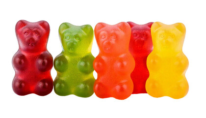 Gummy bears, candy, sweet, colorful, chewy, isolated, white background, delicious, sugary, fruit-flavored, fun, playful, small, cute, edible, snack, treat, vibrant, assorted, gelatin, dessert, confect