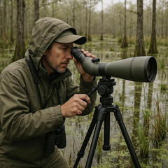 A man birdwatching in a swamp, using a spotting scope and binoculars.