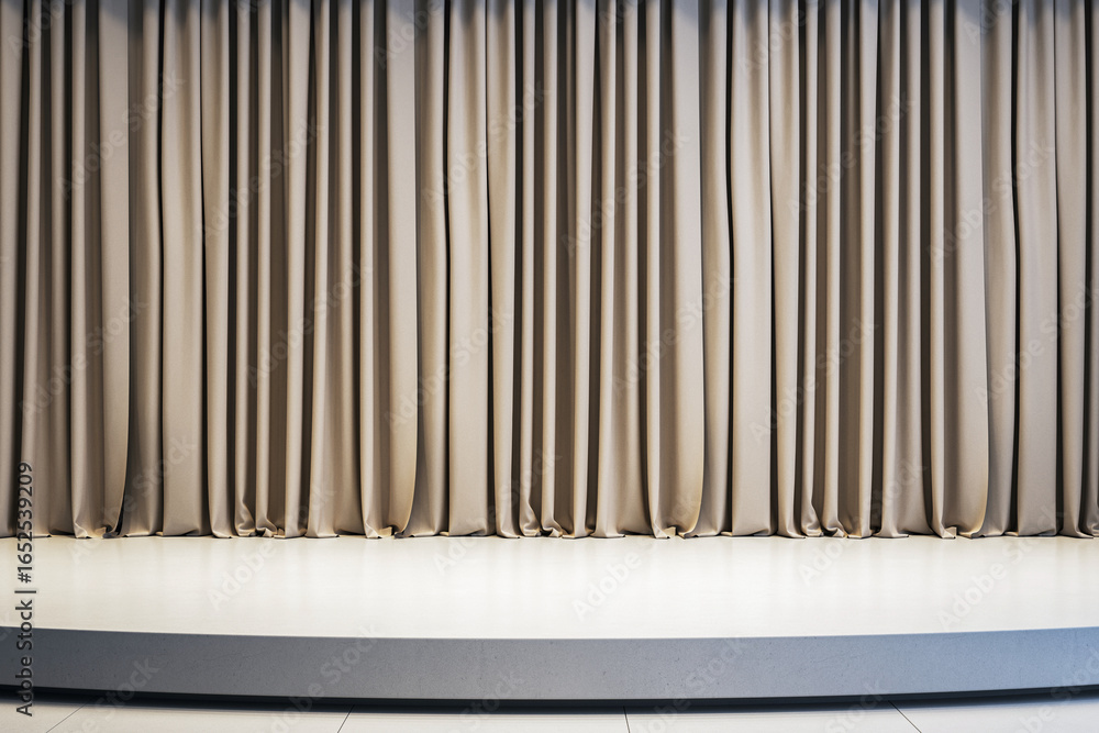 Aufkleber modern indoor stage with beige curtains and empty round platform for product display or presentation