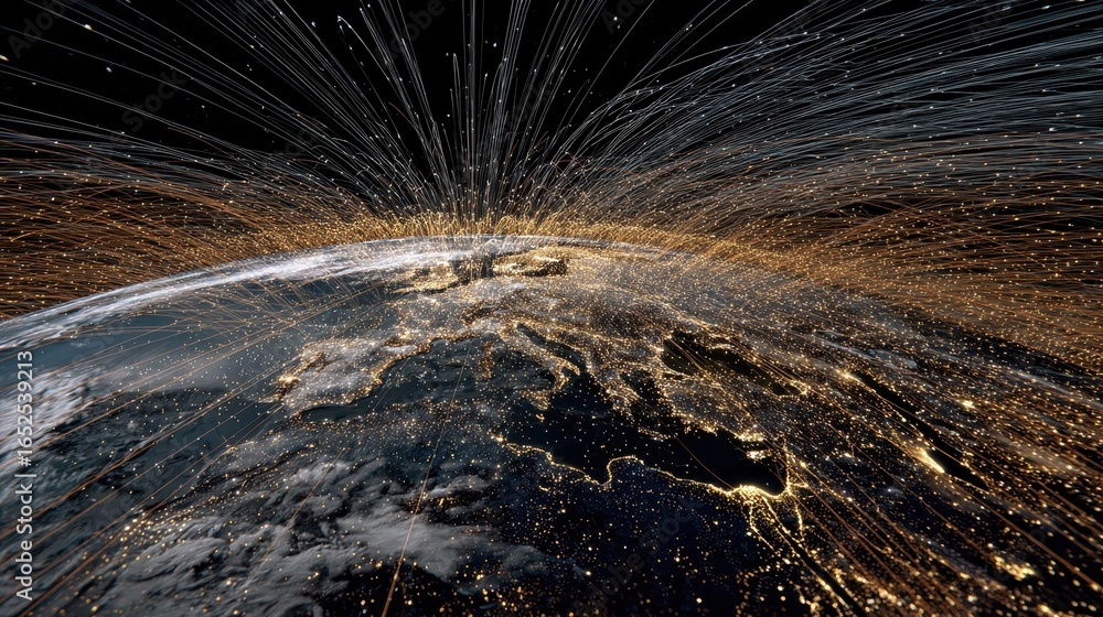 Poster world data flow earth at night with data streams for web, tech, communications use