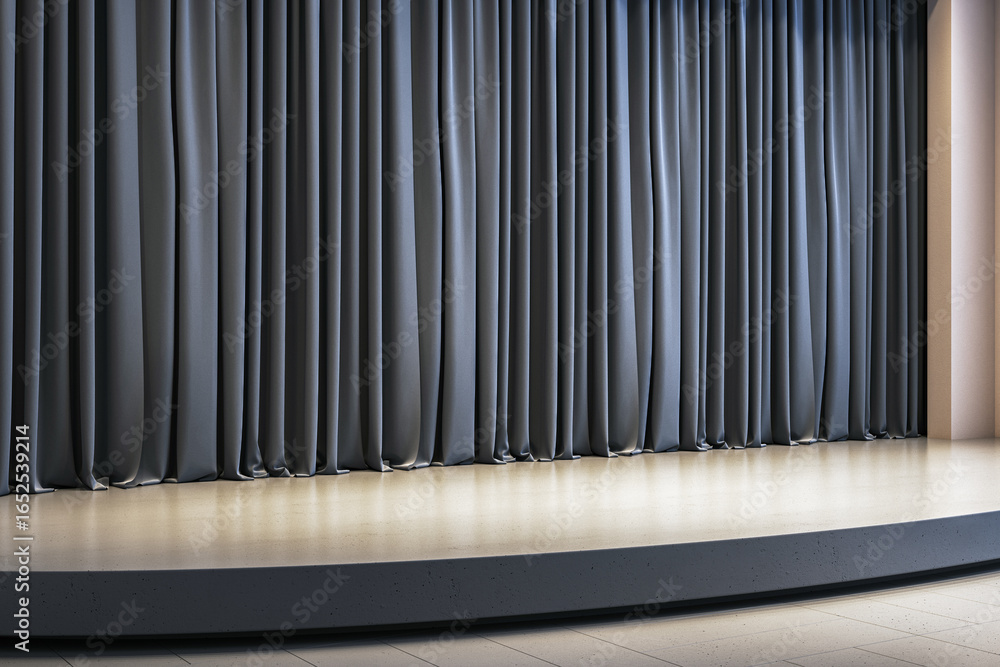 Poster empty modern stage with closed dark curtains and spotlight on curved platform for product or event p