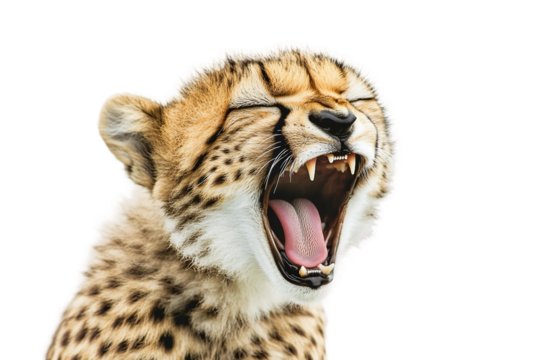 Fluffy cheetah cub yawning isolated on transparent background