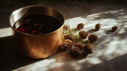 Kitchen Pot with Young Pine Cone Syrup and Pinecones on Countertop traditional medicine